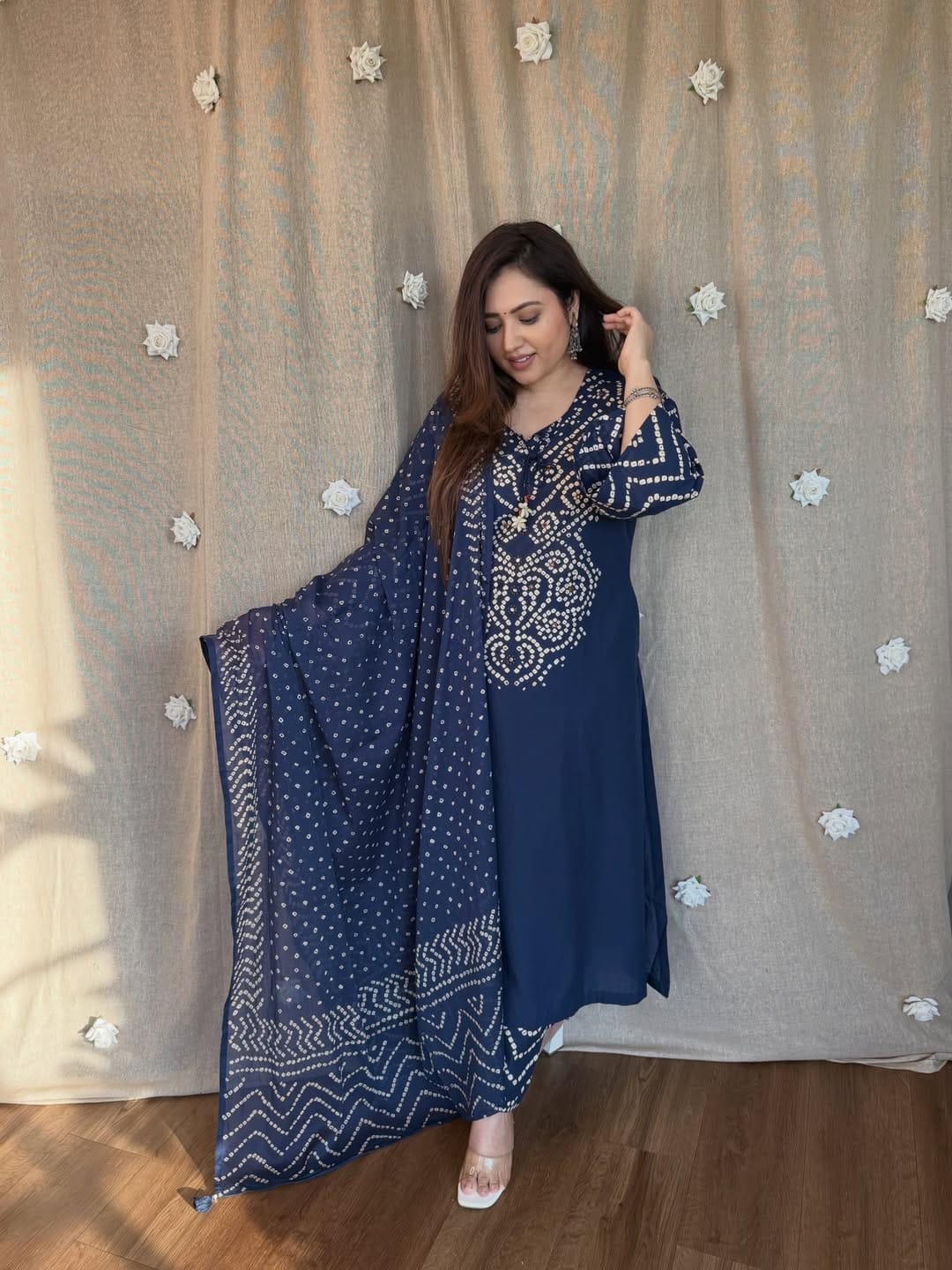 Navy Blue Bandhani Printed Kurta Set with Dupatta
