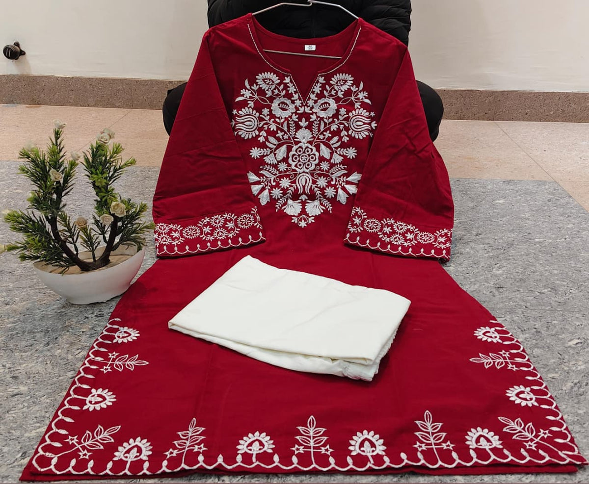 Maroon Embroidered Kurta with Ivory Wide-Leg Pants