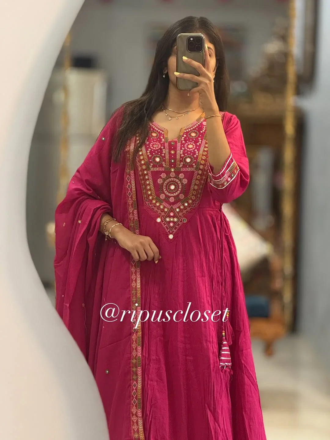 Hot Pink Mirror-Work Anarkali Kurta Set with Dupatta