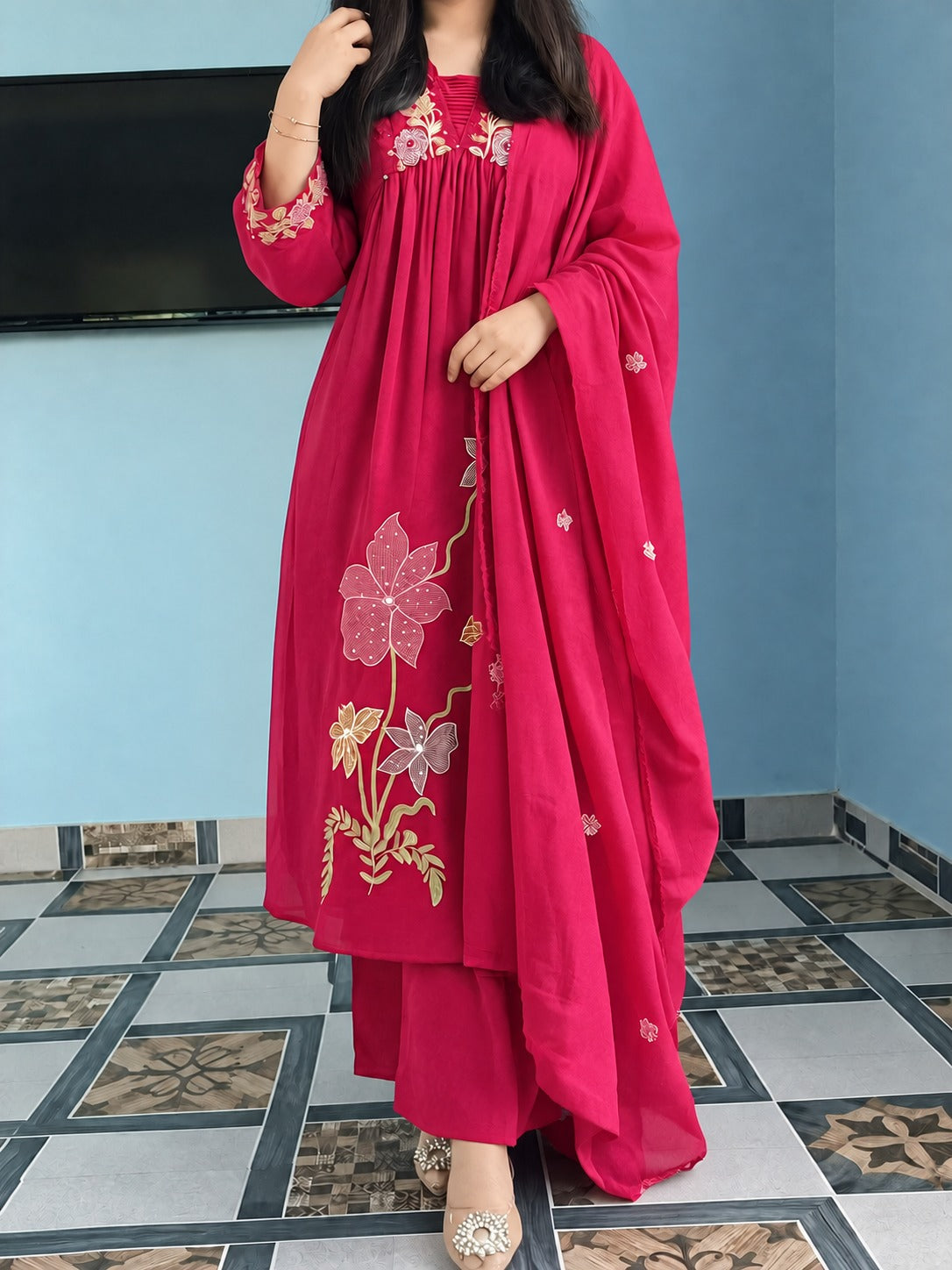 Pink Embroidered Anarkali Kurta Set with Dupatta for Women