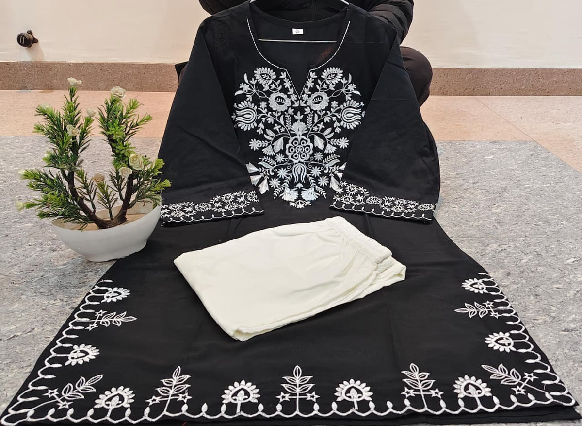 Embroidered Black Kurta with Ivory Wide-Leg Pants