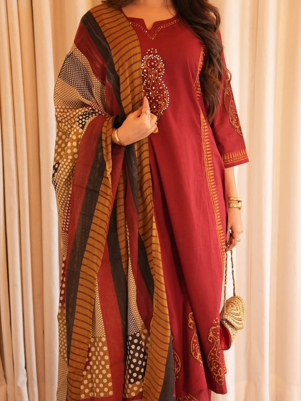 Elegant Maroon Embroidered Kurta Set with Printed Dupatta