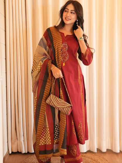 Elegant Maroon Embroidered Kurta Set with Printed Dupatta
