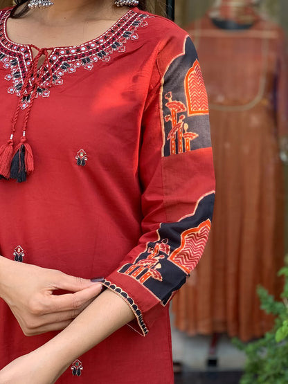 Red Handcrafted Kurta Set with Traditional Printed Dupatta
