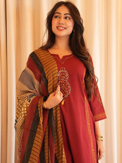 Elegant Maroon Embroidered Kurta Set with Printed Dupatta