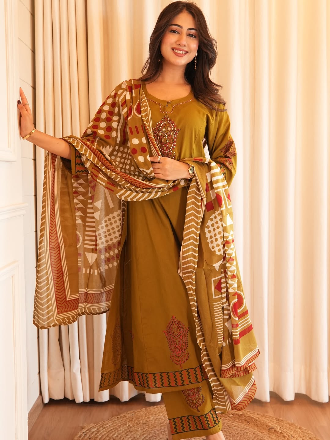 Mustard Yellow Kurta Set with Embroidered Yoke & Printed Dupatta