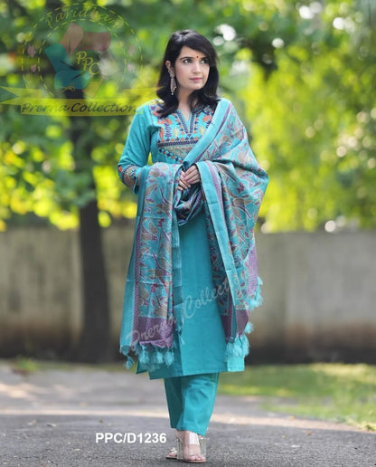 Jaipuri Turquoise Blue Embroidered Cotton Suit Set with Printed Dupatta – Elegant Ethnic Wear for Women