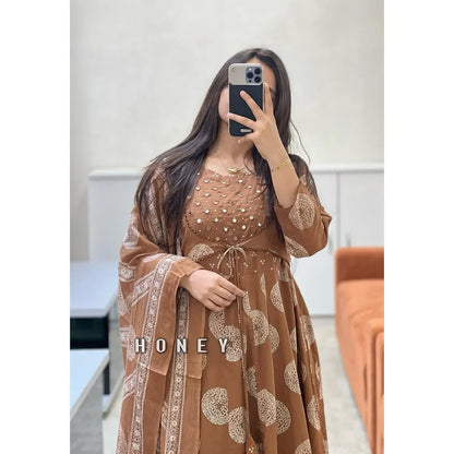Maroon Cotton Printed Anarkali with Attached Jacket Detailing with Pants and Dupatta