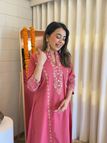 Elegant Rose Pink Embroidered Kurta Set