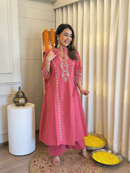Elegant Rose Pink Embroidered Kurta Set