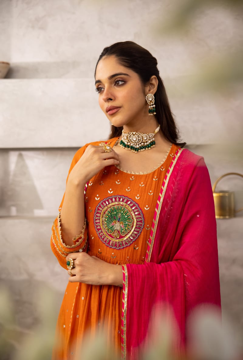 Radiant Orange Anarkali Set with Pink Dupatta