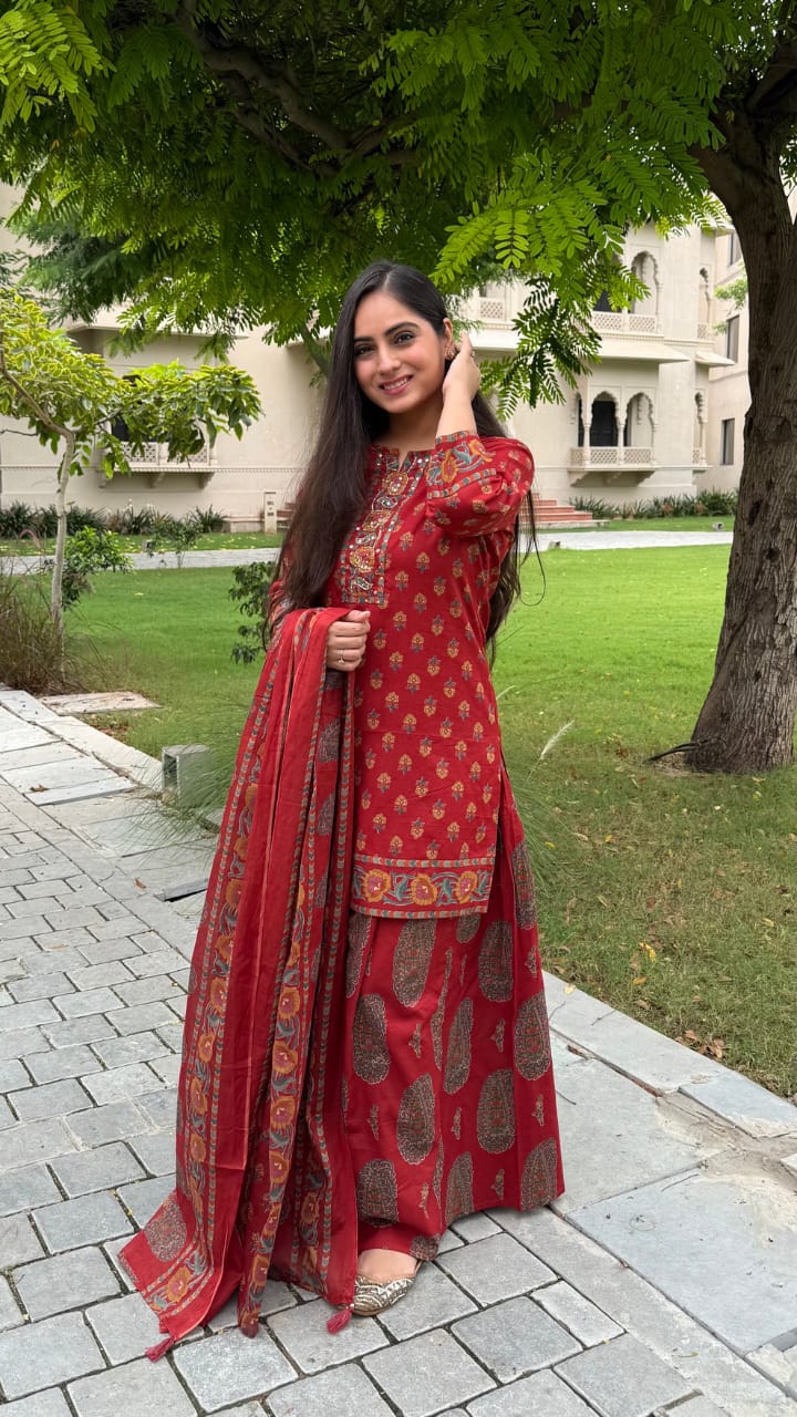 Red Printed Kurta Sharara Dupatta Set for Women