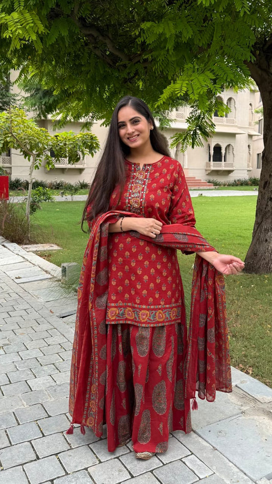 Red Printed Kurta Sharara Dupatta Set for Women