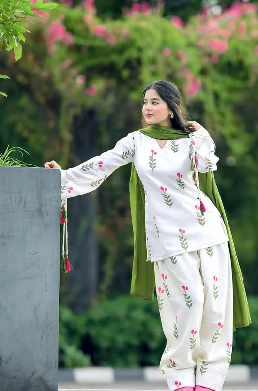 White Floral Farsi Salwar Kurta Dupatta Set